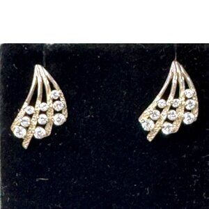 Vintage 925 Silver & Rhinestone Earrings Art Deco Spray Fan Petite Wedding Prom
